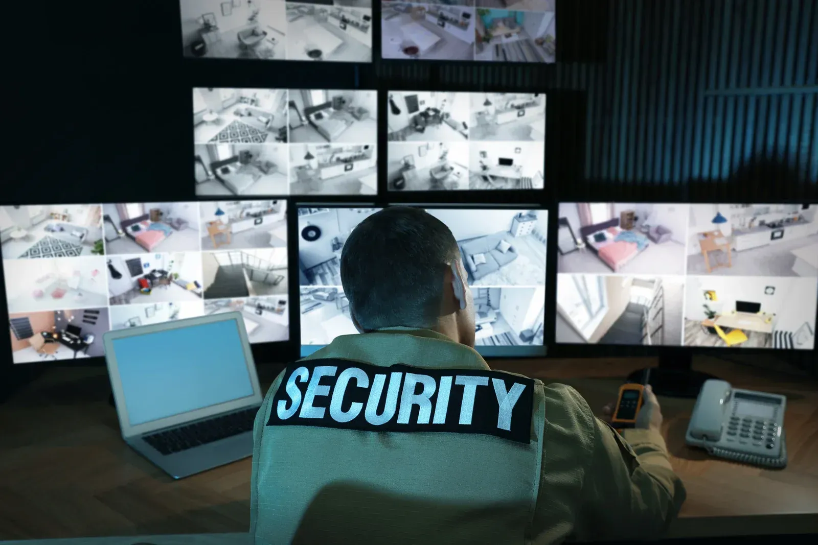 A security guard is sitting at a desk looking at a bunch of monitors.
