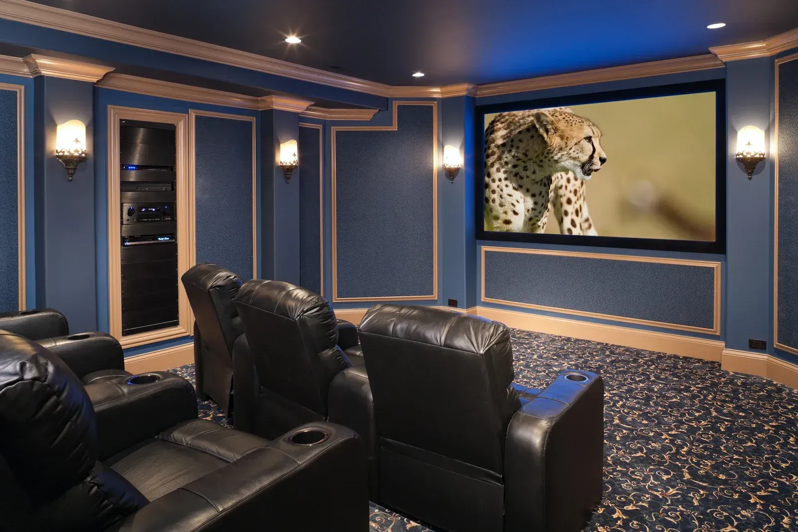 A home theater with a cheetah on the screen