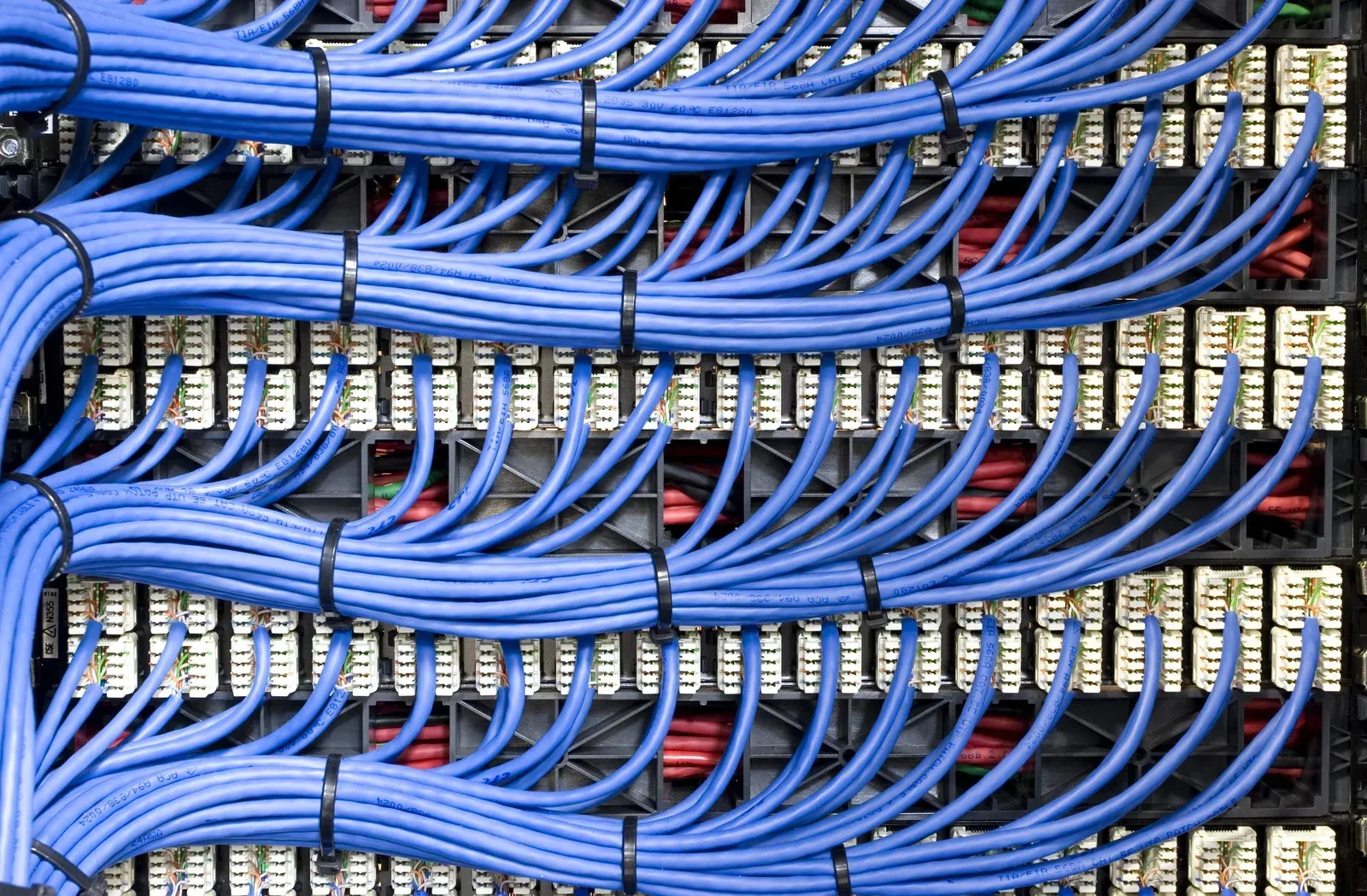 A bunch of blue wires are connected to each other on a wall.