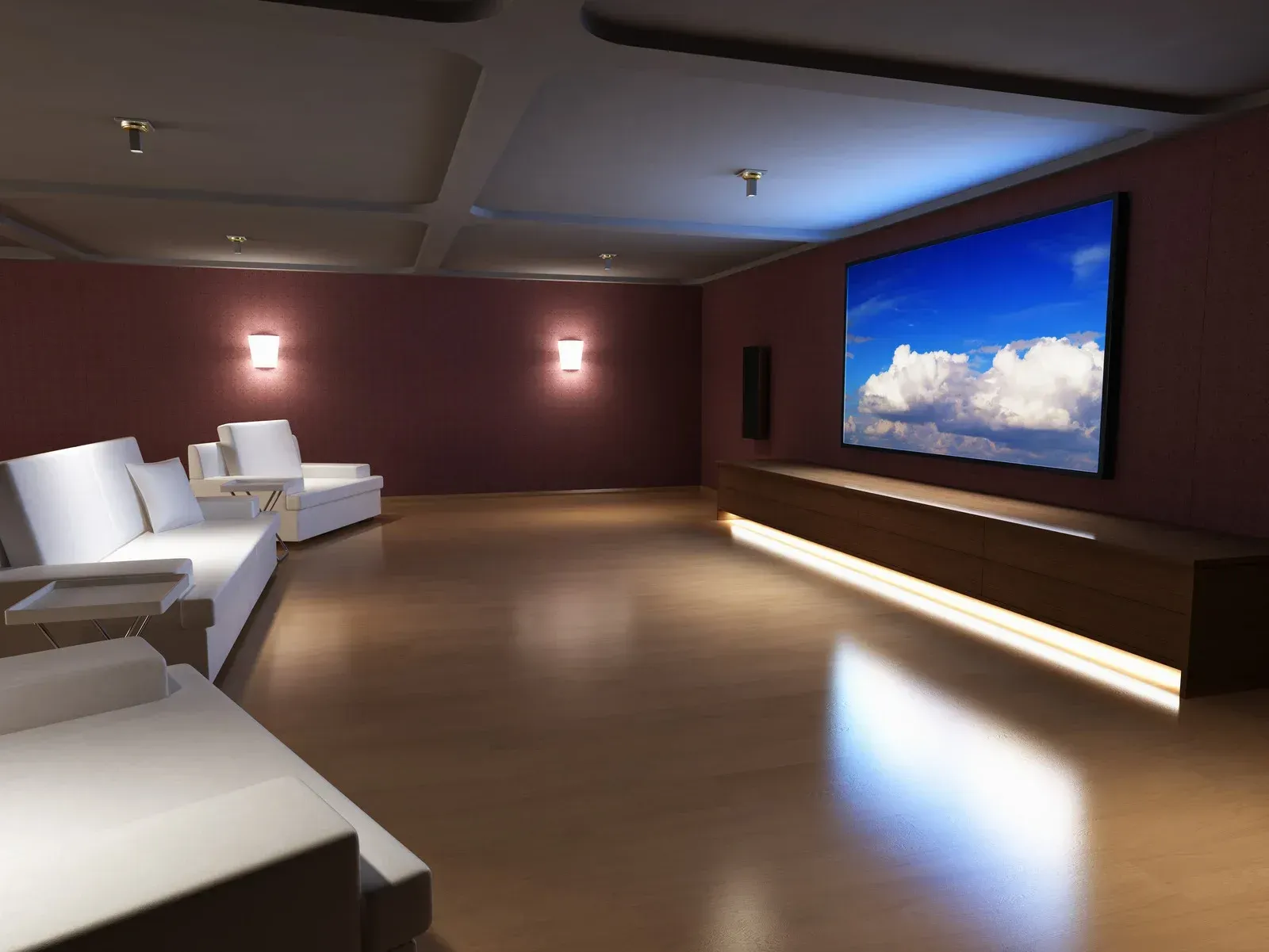 A living room with a large flat screen tv on the wall