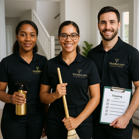 A man and two women are standing next to each other holding cleaning supplies.