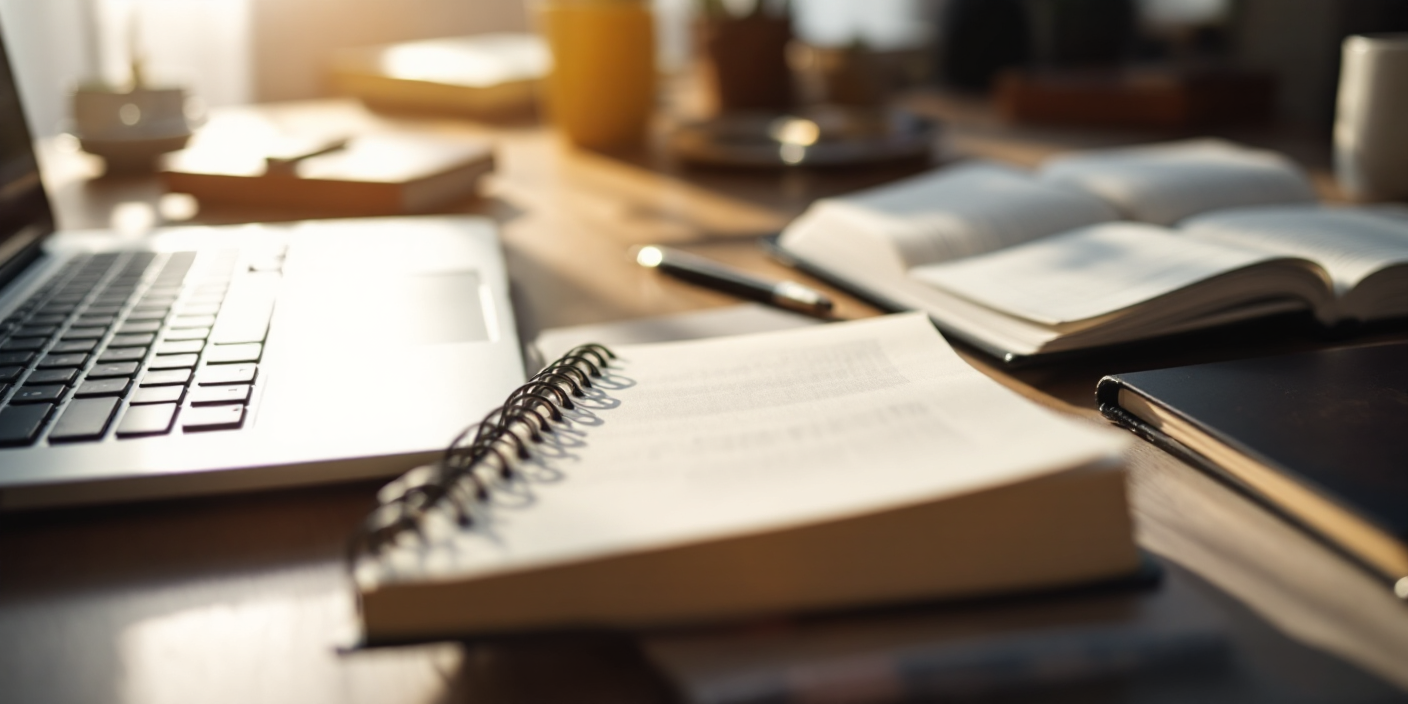 Laptop, notebook, and open books on a wooden desk.