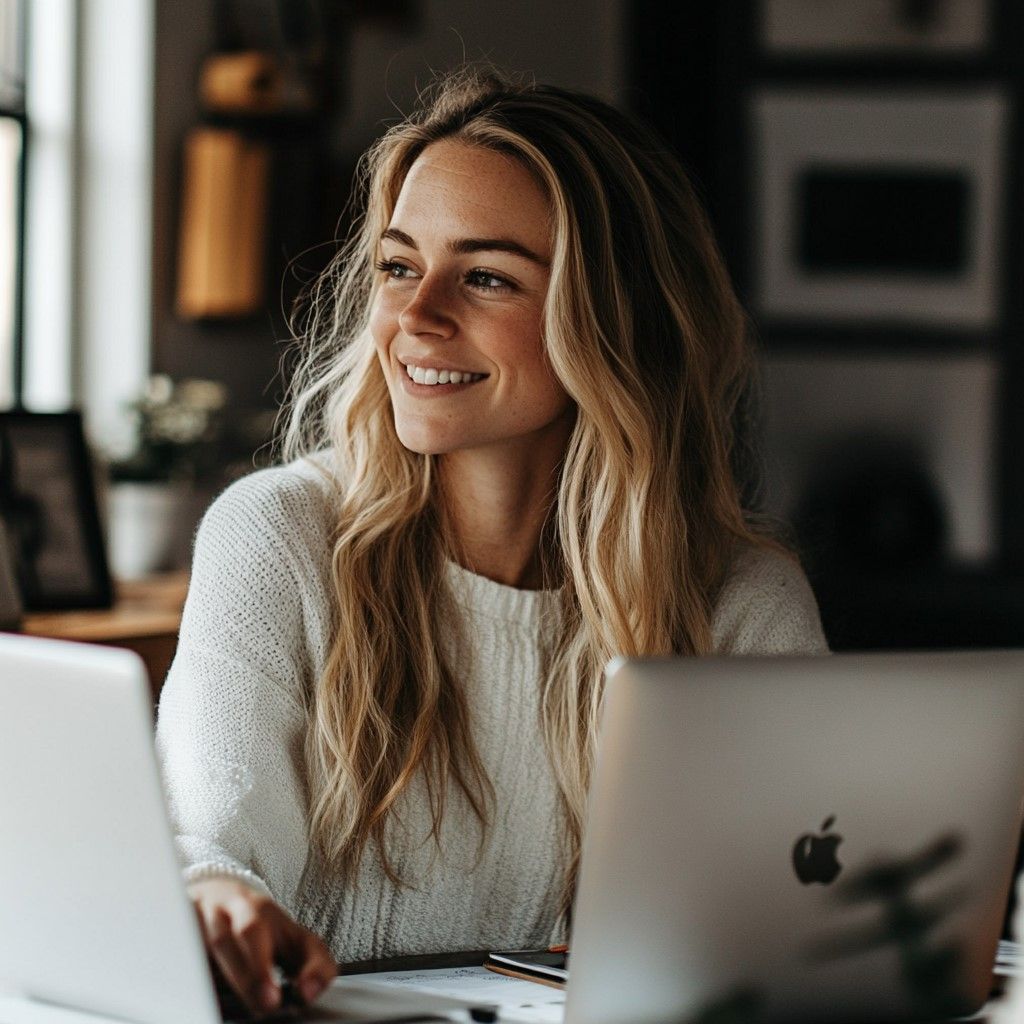 Woman with blonde hair smiles while working on two laptops at a desk.
