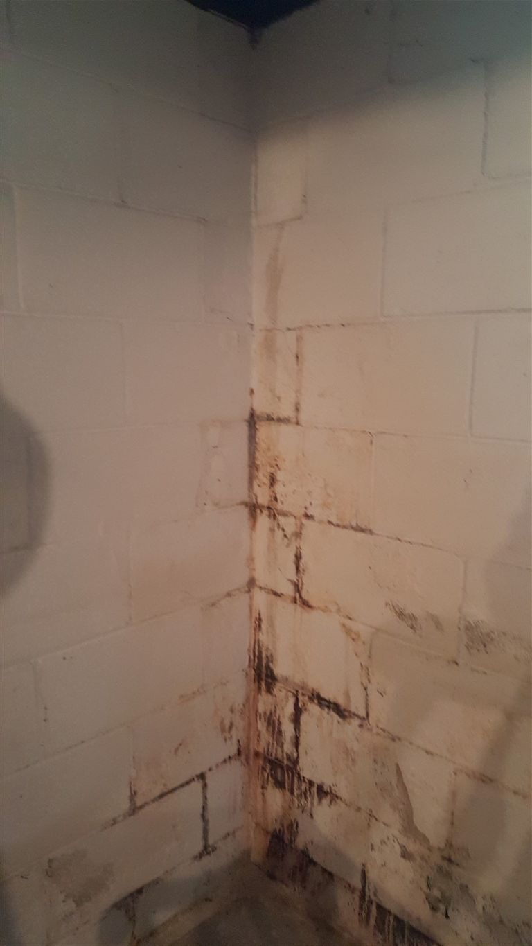 Corner of a basement wall with water damage and dark stains on concrete block.