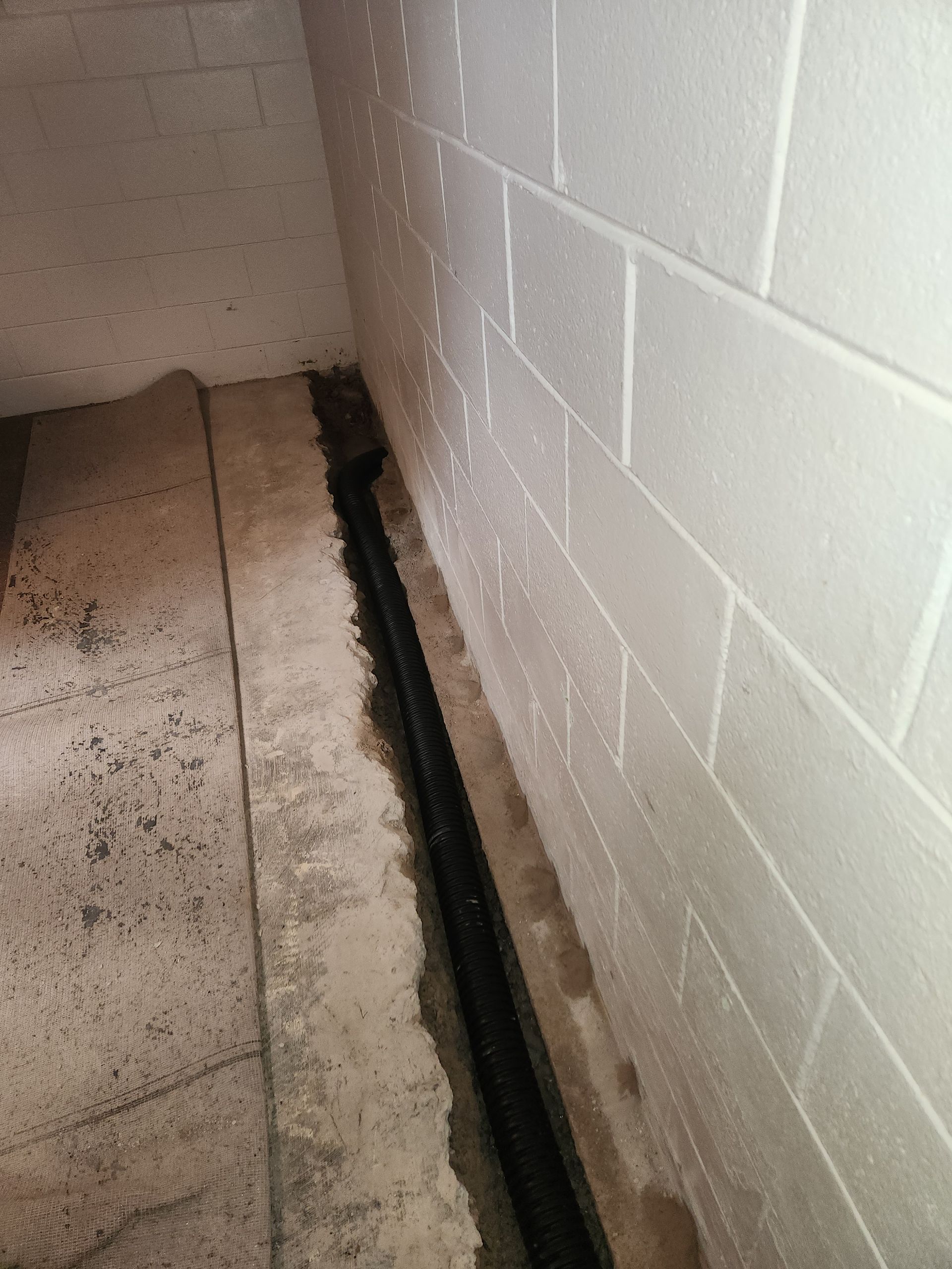 Basement interior with black drain channel along a white block wall and concrete floor.