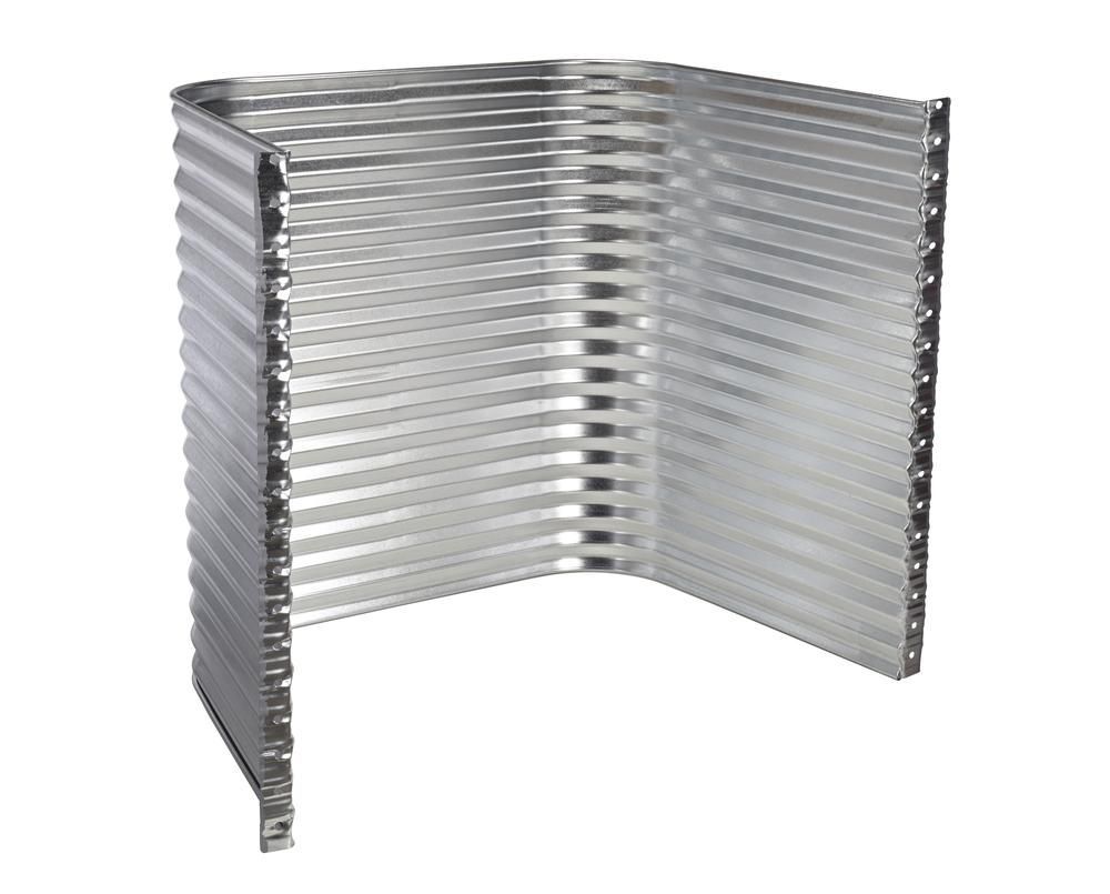 Corrugated metal window well with curved front and vertical sides, silver color.