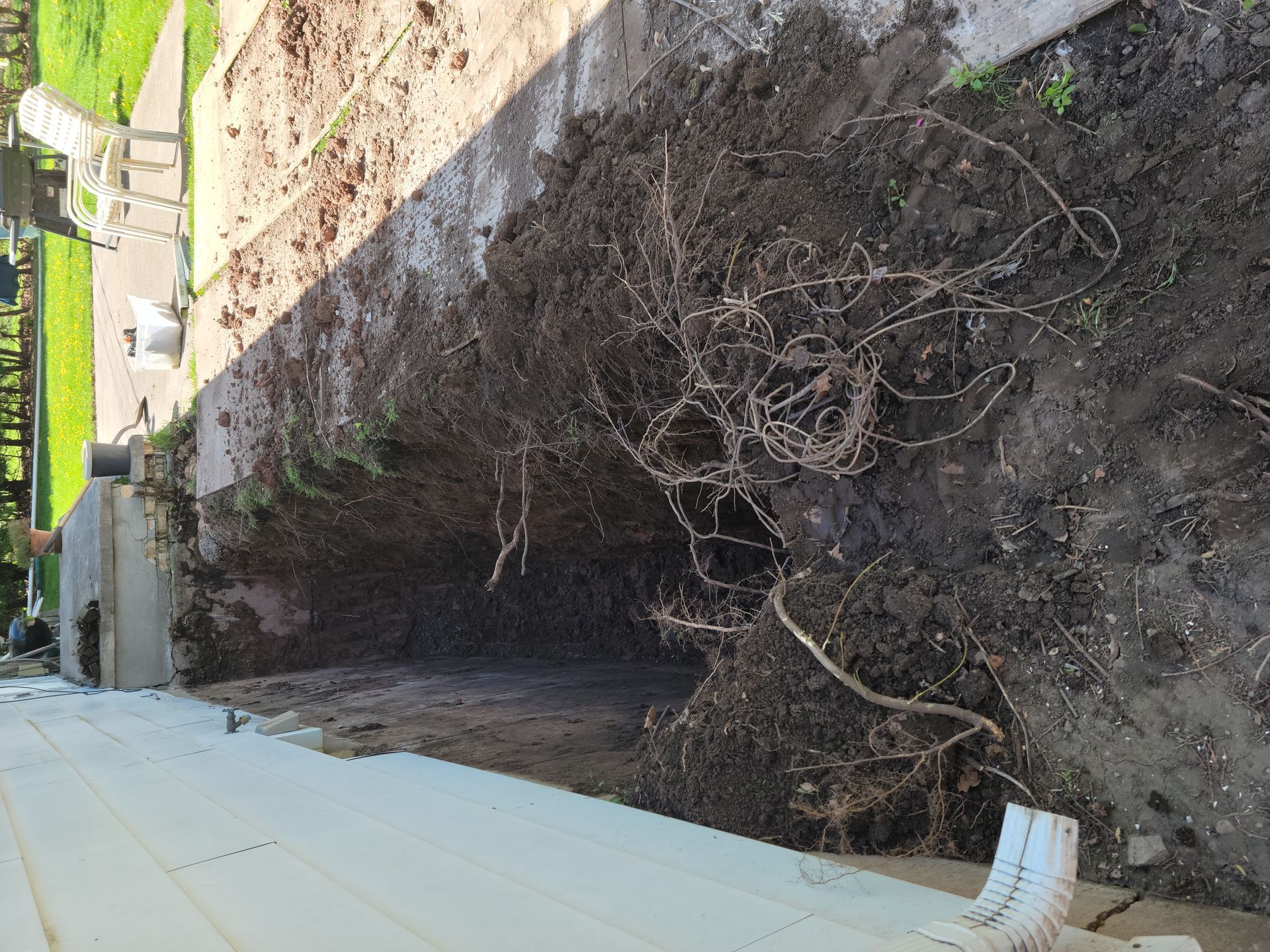 Excavation revealing exposed tree roots against a retaining wall next to a patio.