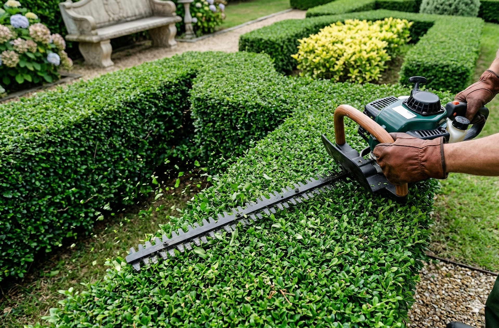 A person trims a green hedge with a hedge trimmer outdoors.