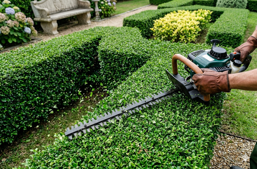 A person trims a green hedge with a hedge trimmer outdoors.