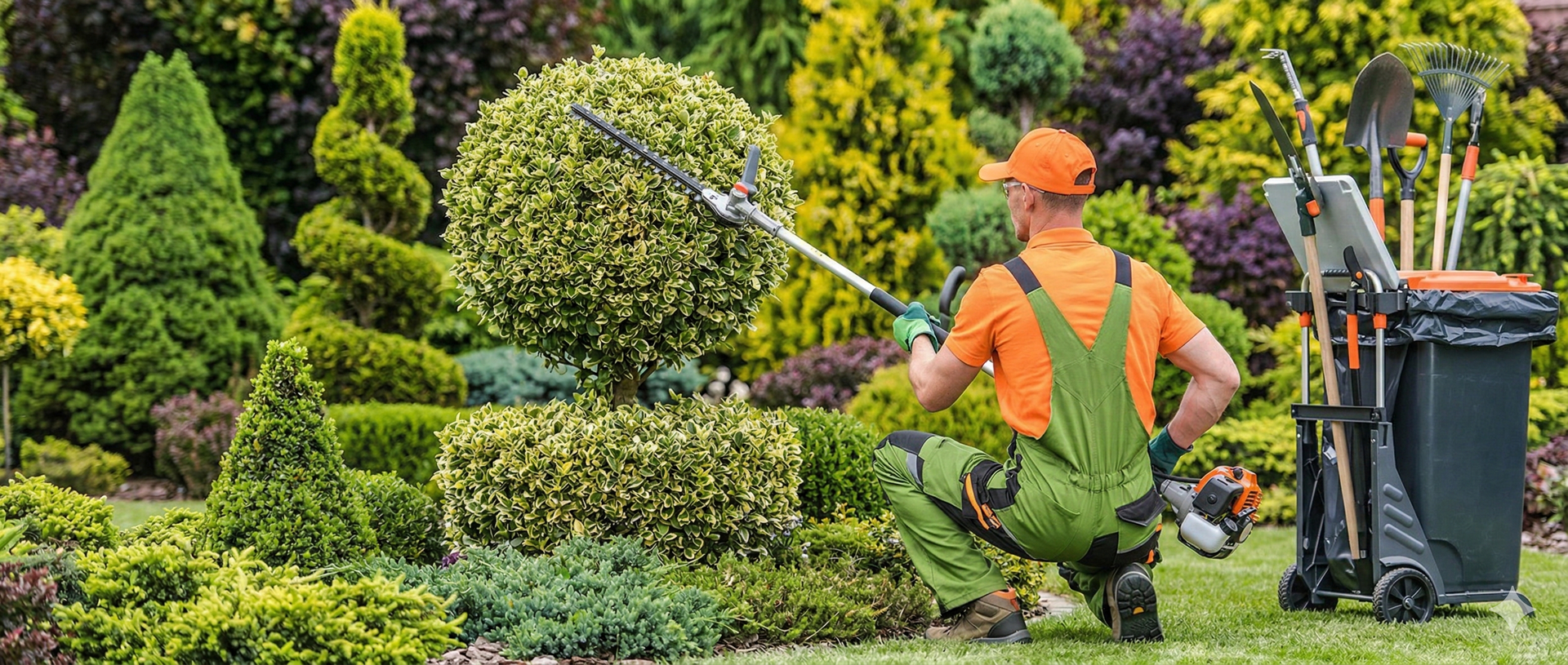 Gardener trimming a large topiary. He wears orange and green. Tools stand next to a trash can in a garden.