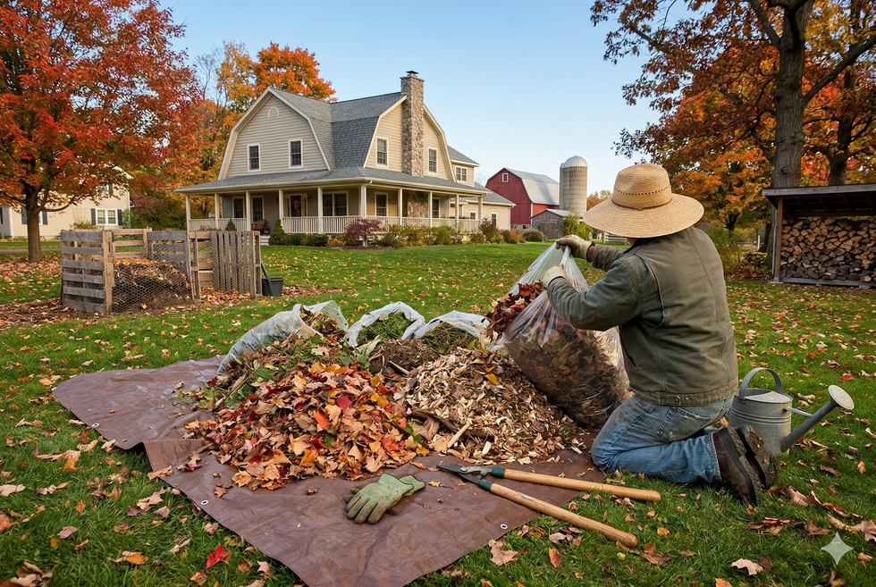 Person kneeling, bagging leaves in a yard with a large house, compost bins, and firewood shelter visible.