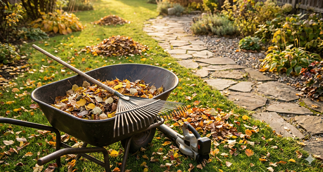 Wheelbarrow filled with autumn leaves, rake, stone pathway through a sunny garden.