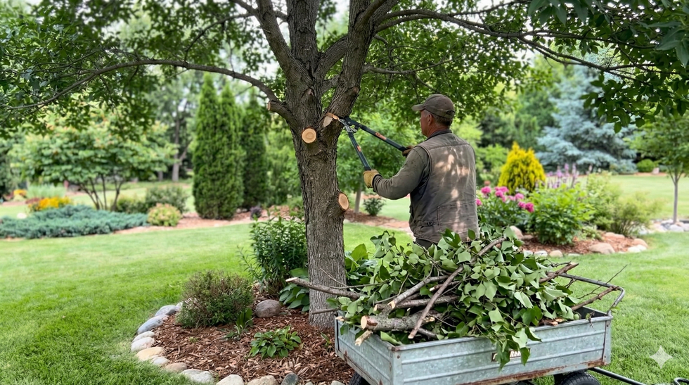 Person pruning a tree in a garden. Branches are in a wagon. Green grass and foliage surround the scene.