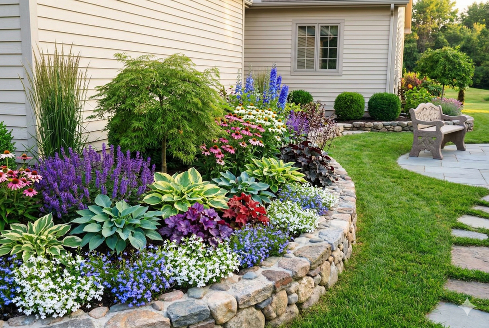 Colorful garden bed with stone wall, lush greenery, and blooming flowers next to a house and patio with a bench.