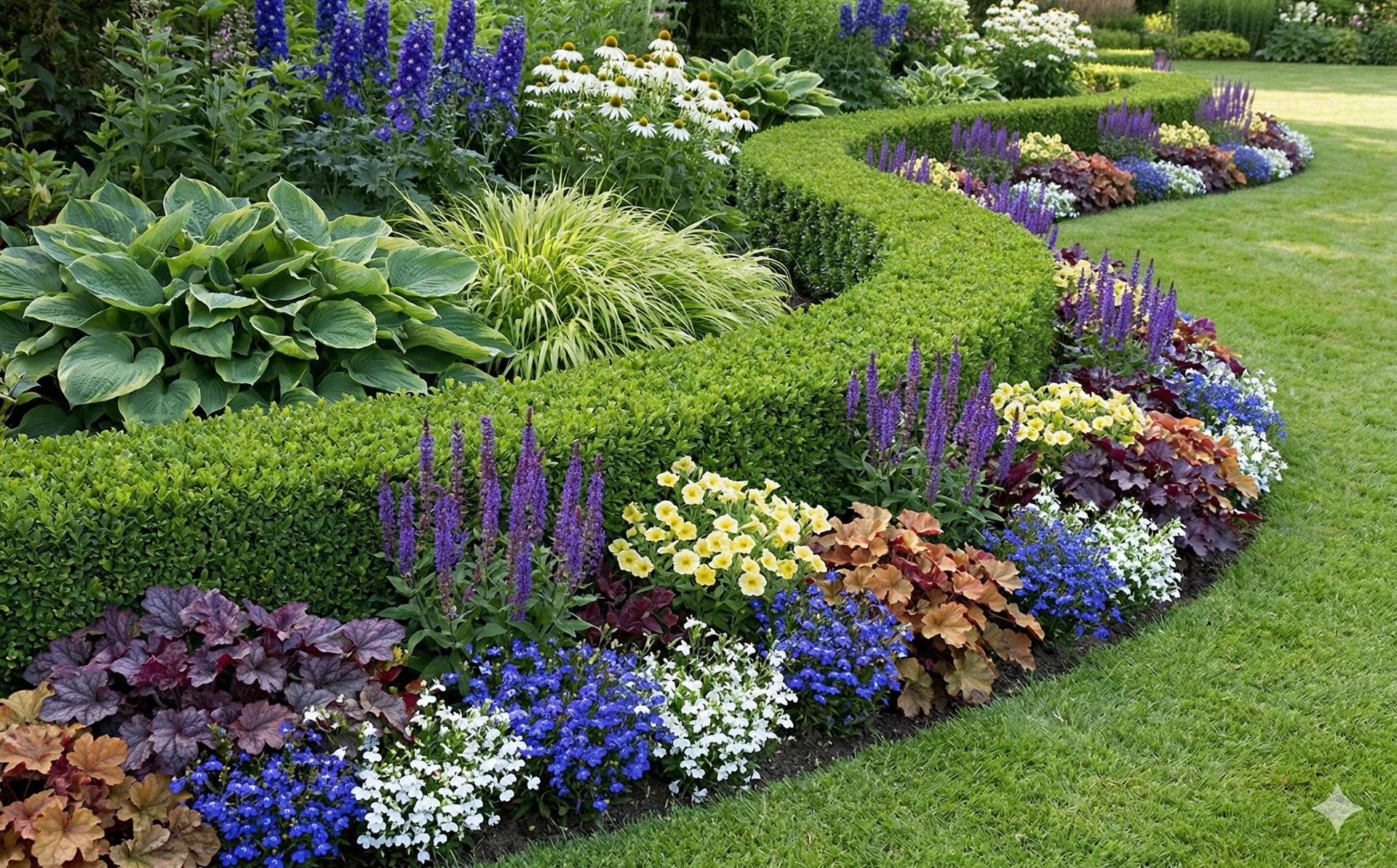 Curving, manicured garden bed with vibrant flowers and hedge, bordered by green grass.