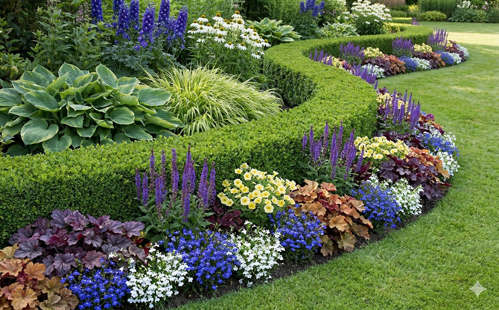 Curving, manicured garden bed with vibrant flowers and hedge, bordered by green grass.
