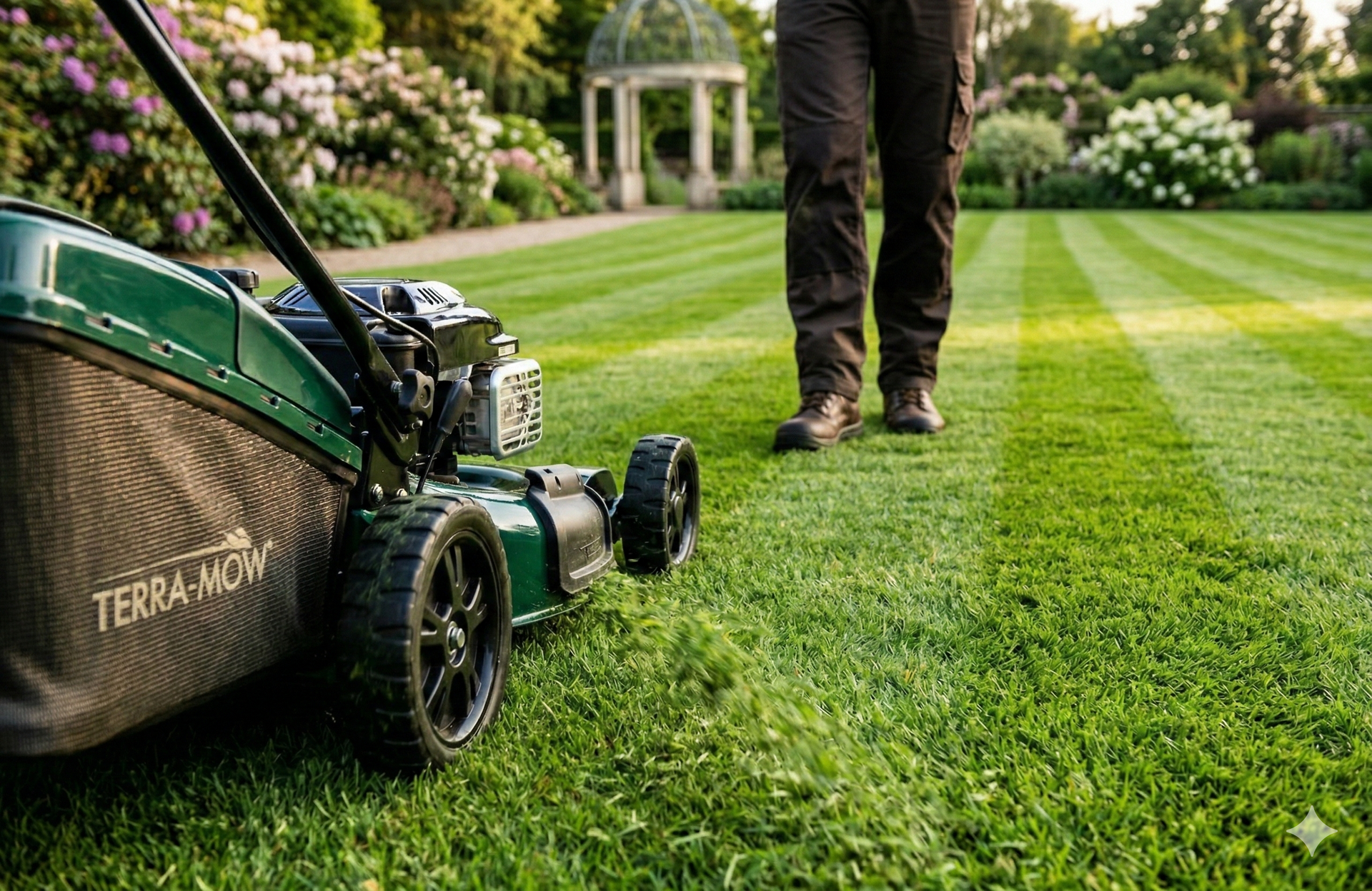 A person mowing a striped green lawn with a Terra-Mow lawnmower in a garden setting.