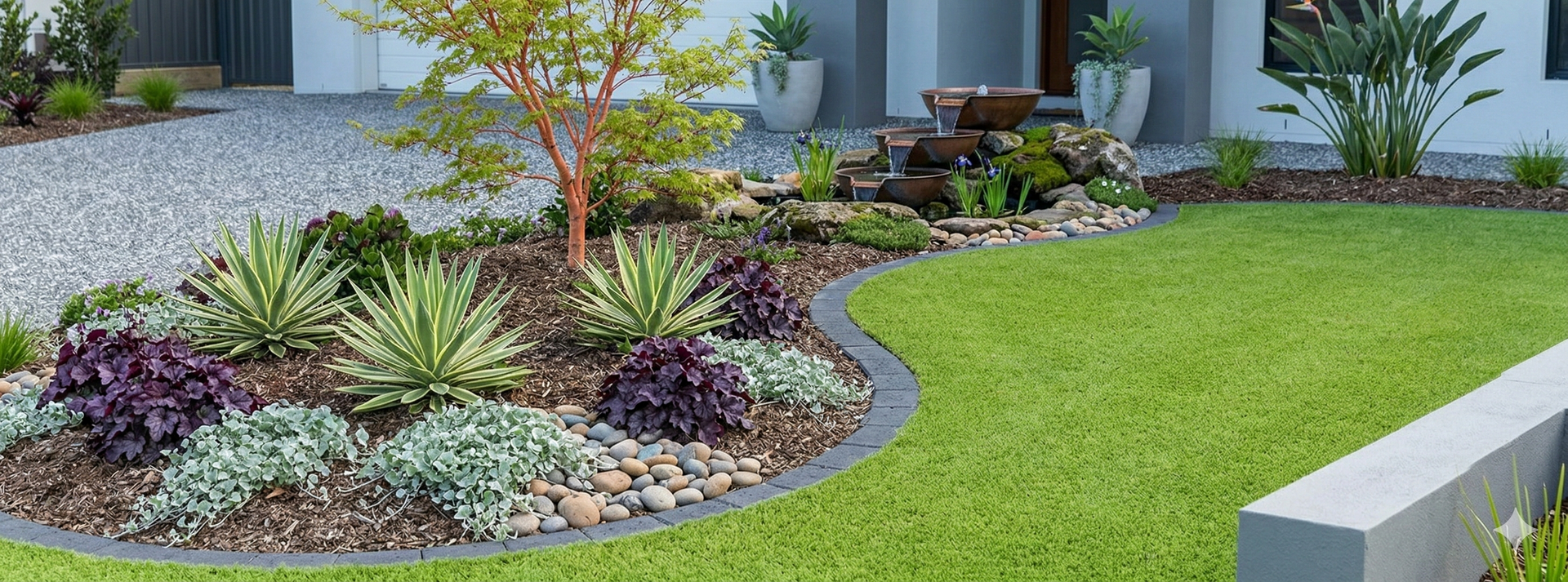 Landscaped front yard with green grass, stone border, and various plants.