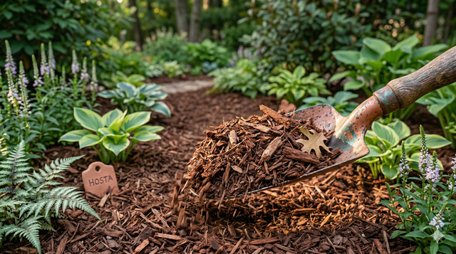 A shovel scoops wood chips in a lush garden with diverse plants, a path, and a 