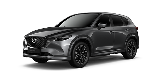 Dark gray Mazda CX-5 SUV, angled front view. Black wheels and grille, set against a white background.