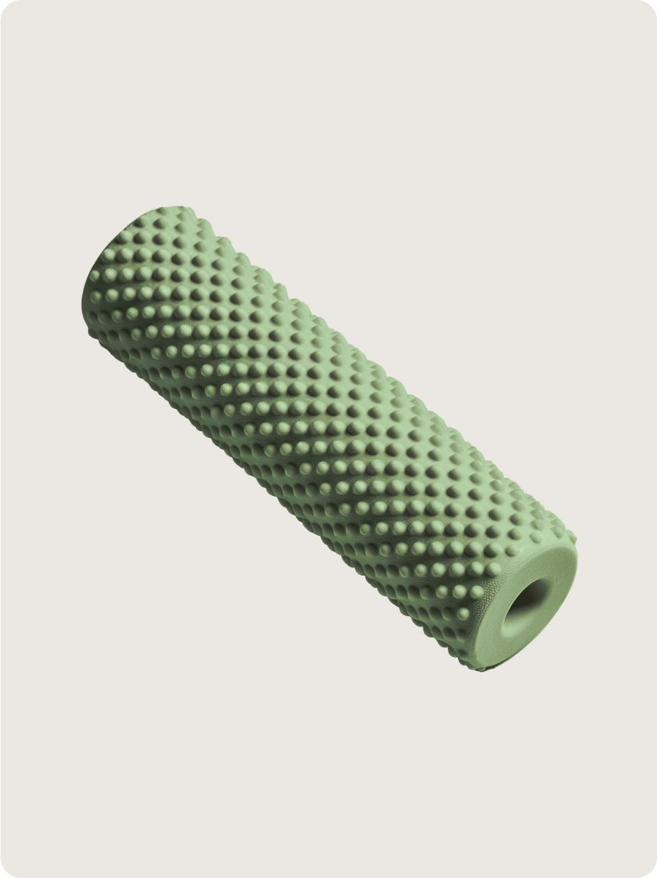 Green textured foam roller with protruding nubs, for muscle massage and therapy.