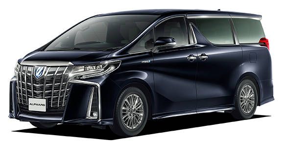 Dark blue Toyota Alphard minivan.