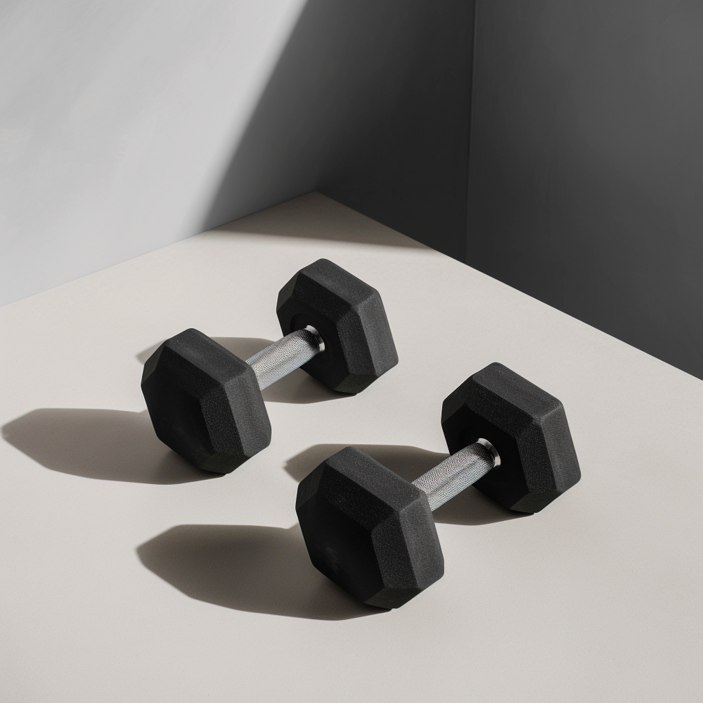 Two silver hexagonal dumbbells.