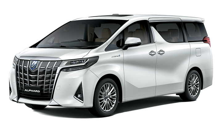 White Toyota Alphard hybrid minivan.