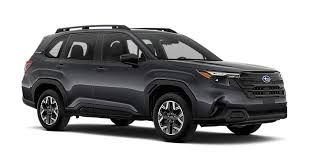 Dark gray Subaru Crosstrek SUV with black roof rack, on a white background.
