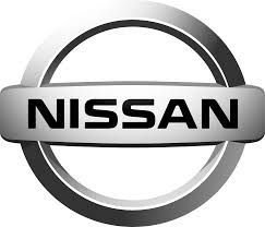Nissan logo: silver, stylized circular emblem with 
