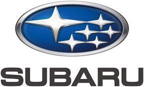 Subaru logo: oval with blue background, silver border, five stars, and the word 