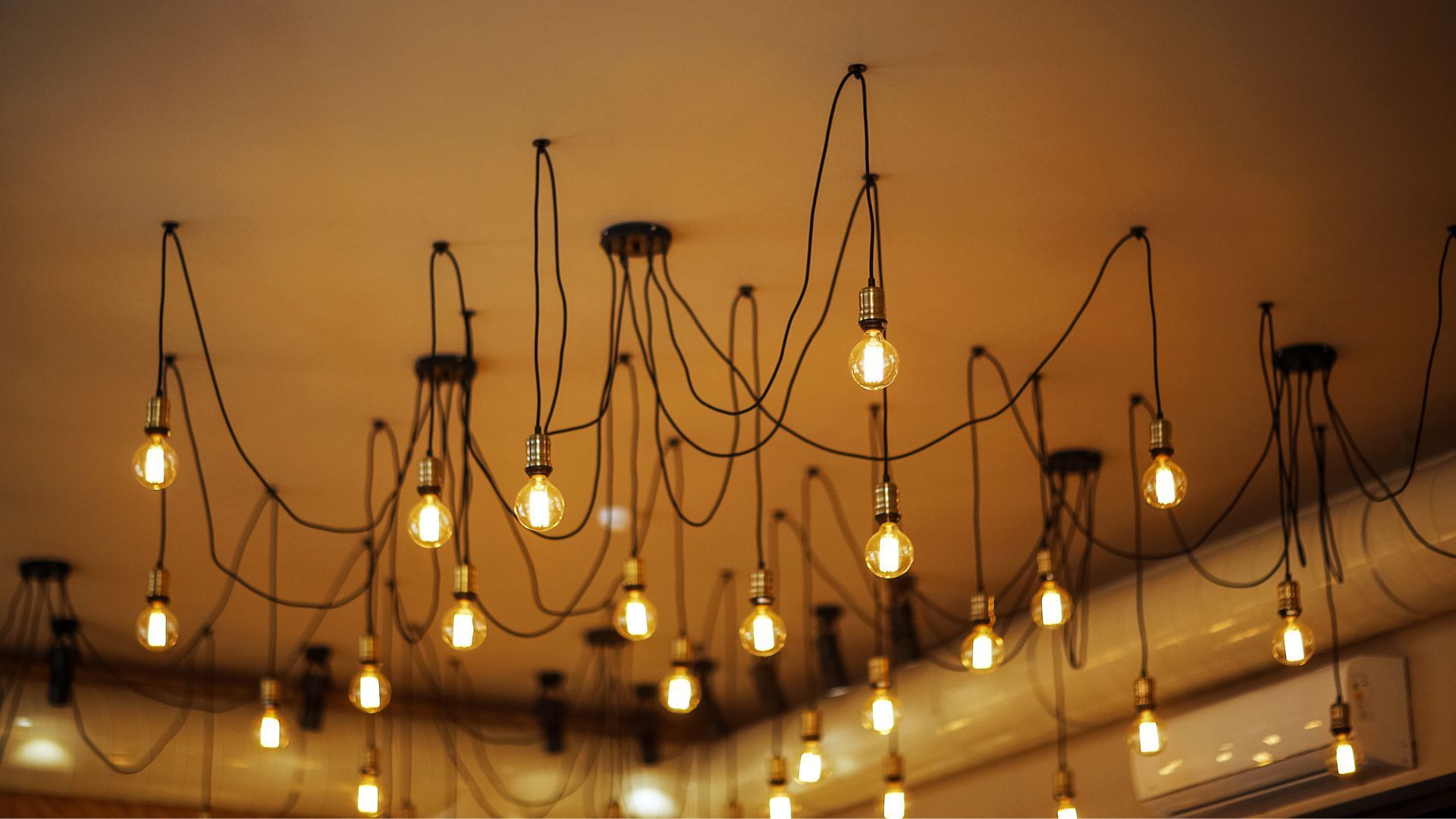A bunch of light bulbs are hanging from the ceiling.