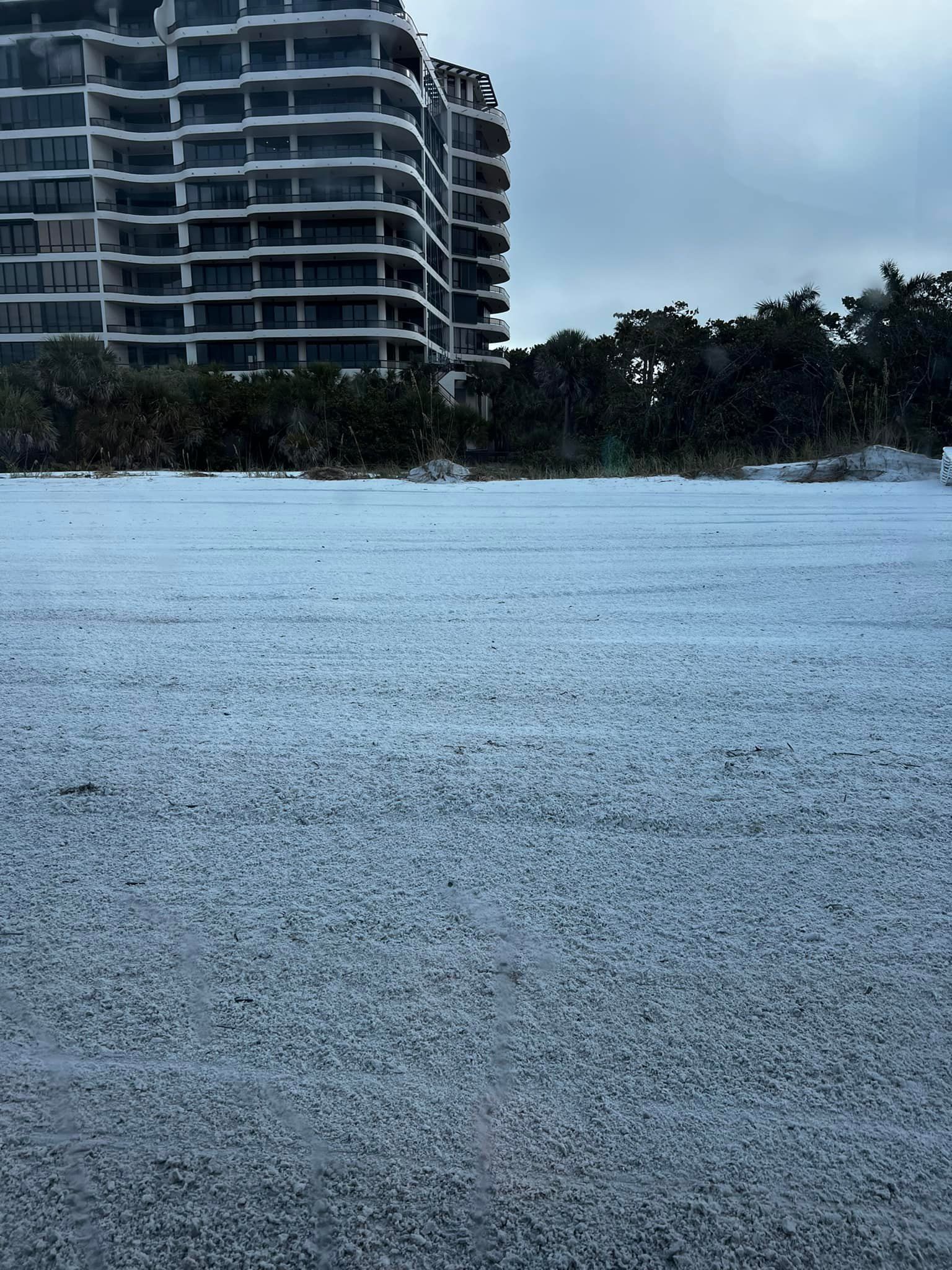 Beach covered in what appears to be snow, tall building in background under an overcast sky.