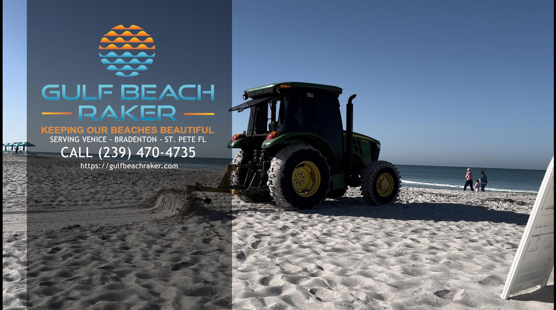 Tractor rakes beach sand at Gulf Beach Raker. Business logo on left, beach and ocean on the right.