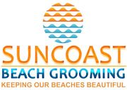 Logo for Suncoast Beach Grooming: orange and blue waves/sun icon above text.