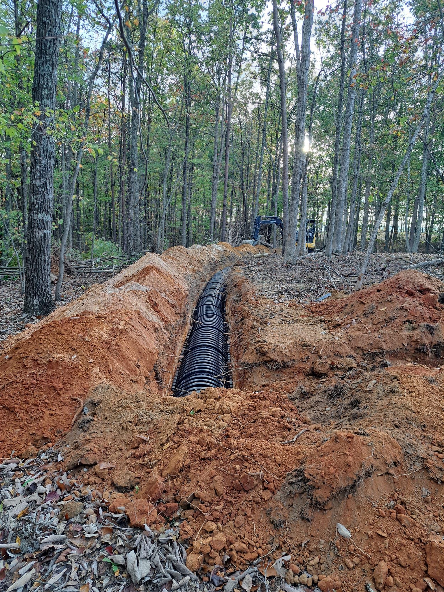 A pipe is being installed in the middle of a forest.