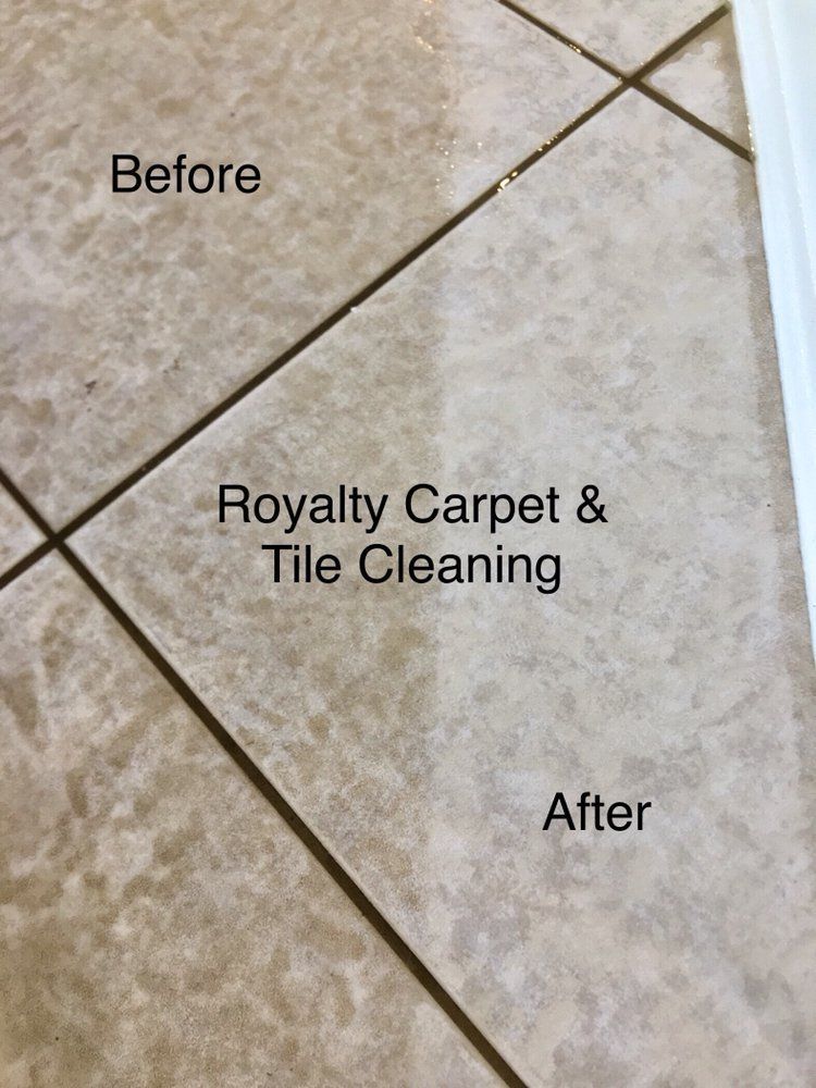 A tile floor before and after cleaning by royalty carpet and tile cleaning.