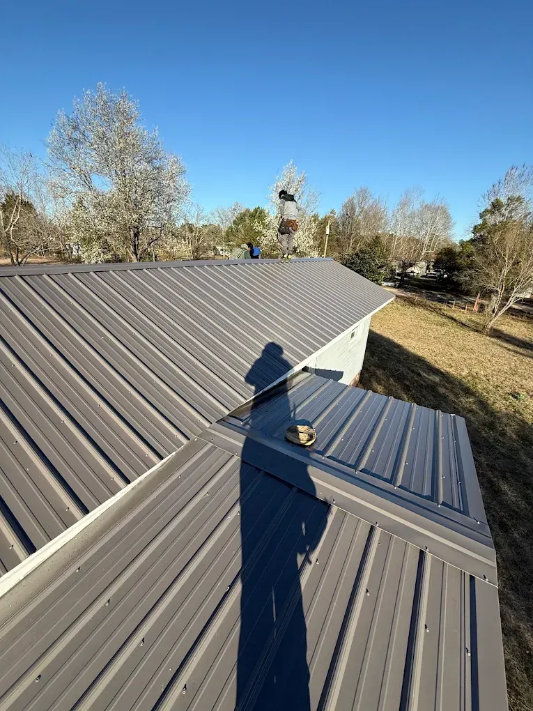 Shadow of a person on a gray metal roof in daylight. Trees and blue sky in background.