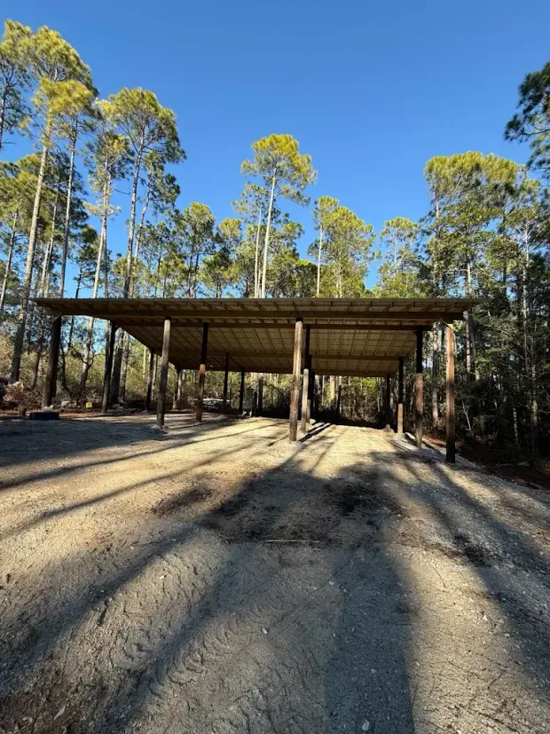 Open-air wooden shelter in a clearing, surrounded by tall trees under a clear blue sky.
