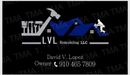 Business card for LVL Remodeling LLC with logo of tools, house, and worker in blue, white, and grey.