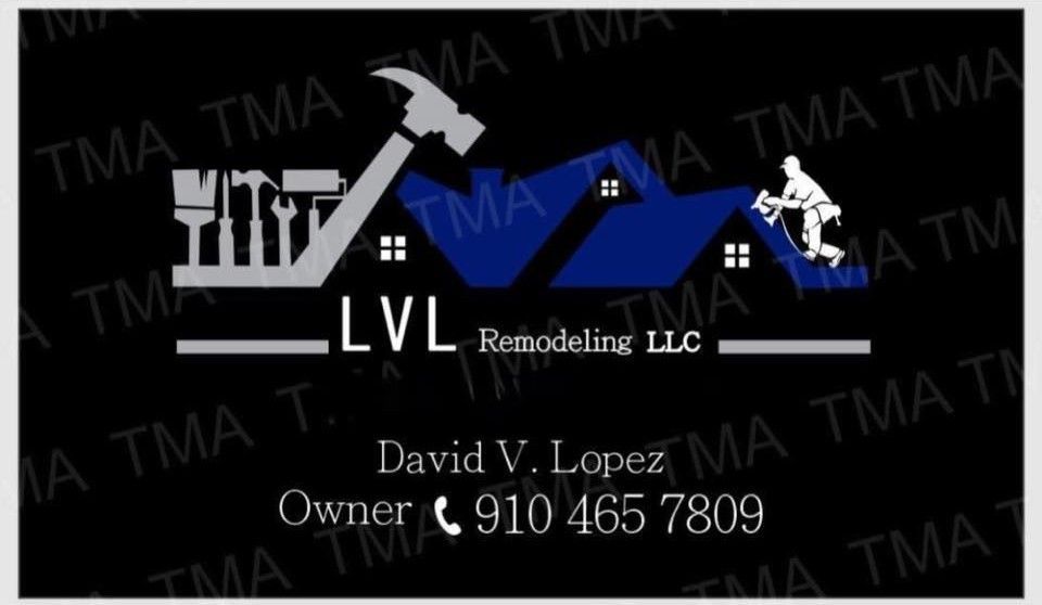 Business card for LVL Remodeling LLC with logo of tools, house, and worker in blue, white, and grey.