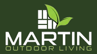 Logo for Martin Outdoor Living with a white grid graphic, green leaves, and white text on a dark green background.