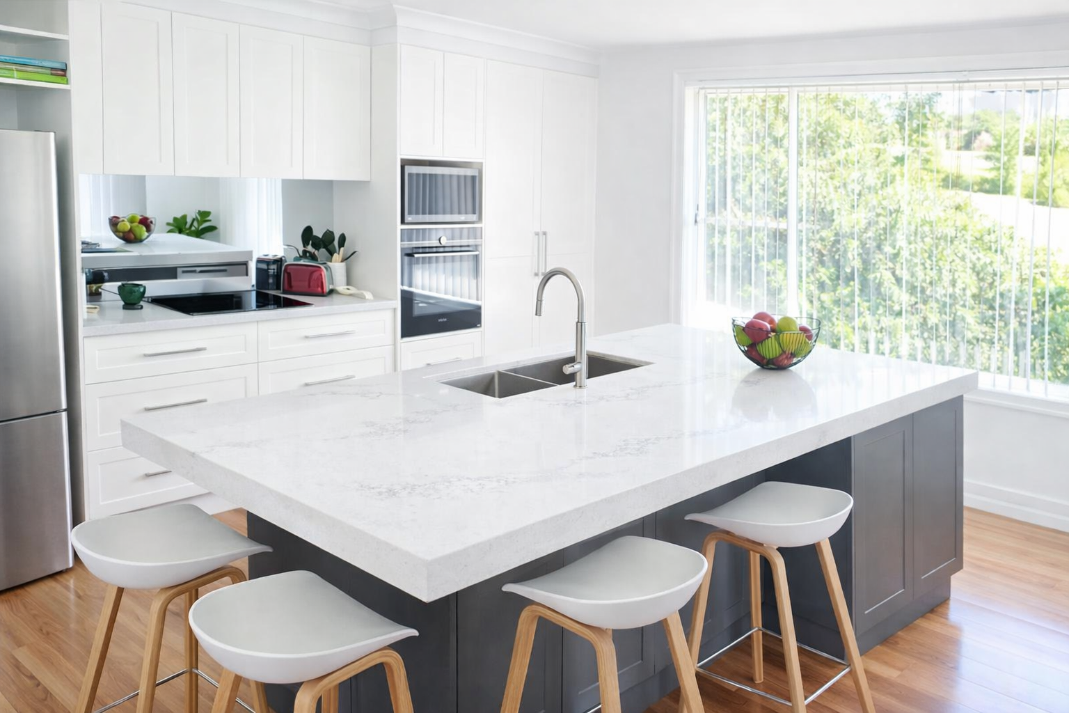 White Countertop with Swirled Patterns and Black Stovetop — Paul Tagget Kitchens In Ballina, NSW