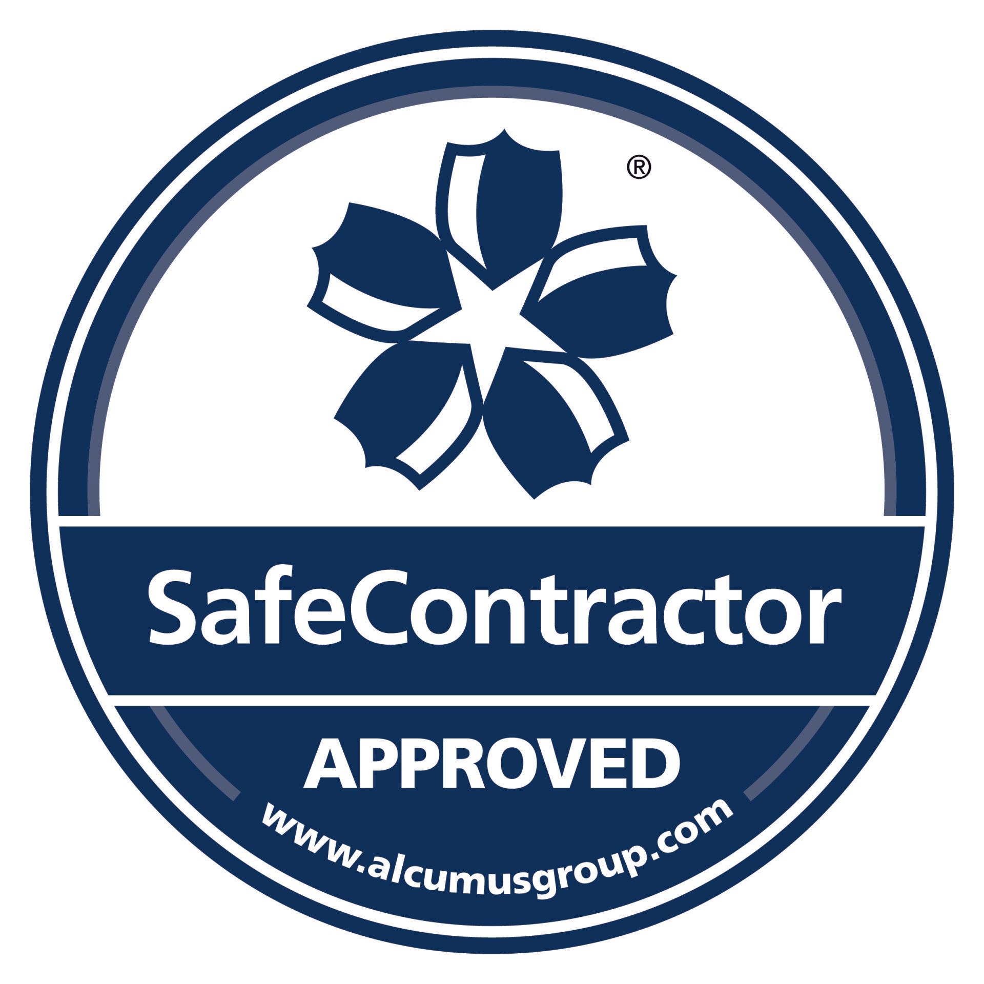 A blue circle with a flower in the middle that says safe contractor approved.