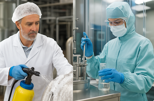 Two people in lab coats, hairnets, and gloves, one spraying, the other working with beakers in a clean room.