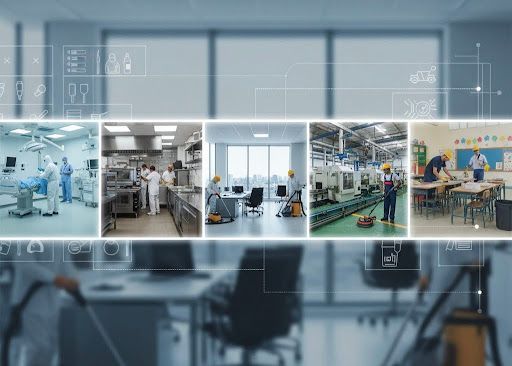 Five different work environments: operating room, kitchen, office, factory, classroom.