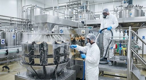 Two workers in white protective suits and masks deep-clean industrial food processing machinery with hoses.