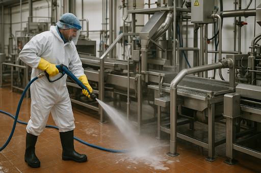 Worker in white suit washes factory floor with hose.