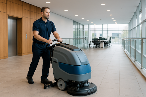 Man in blue uniform operating a floor cleaning machine in an office hallway.