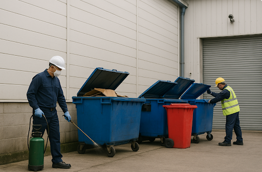 Two workers near dumpsters, one spraying a green tank, one lifting a lid, outside a building.
